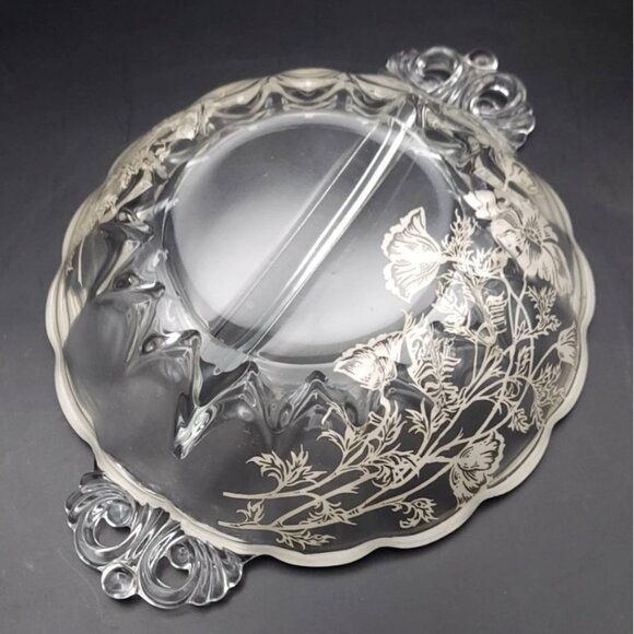 Silver City Glass Flanders Poppy Silver Overlay Crystal Divided Scalloped Dish - Picture 6 of 10
